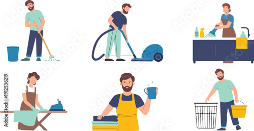 Man Doing Household Chores Vector Set – Cleaning and Home Care Activities