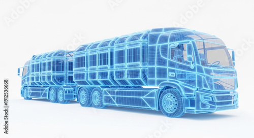Futuristic blue wireframe truck concept on white background.