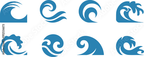 Minimal Blue Wave Logo Vector Set  Abstract Ocean and Swirl Water Icons
