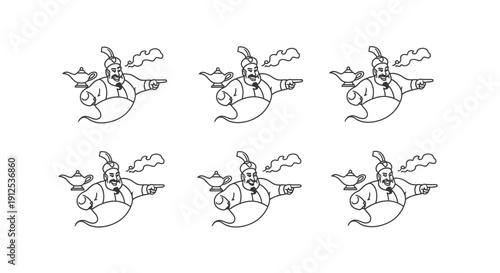 Six Genie Illustrations with Magic Lamp and Smoke, Pointing Finger, Isolated on White Background
