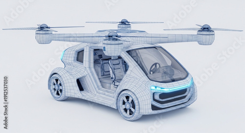 Futuristic flying car concept with rotors and wheels.
