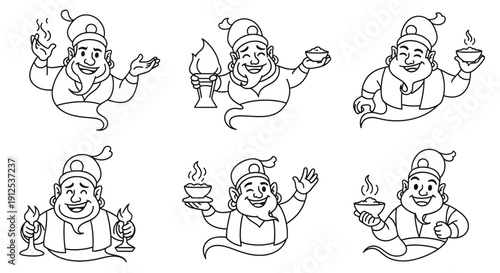Set of 6 cartoon genie illustrations with fire and food elements