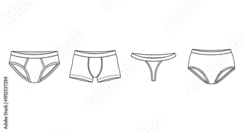 Set of diverse underwear types: briefs, boxers, thong, and high-waisted panties