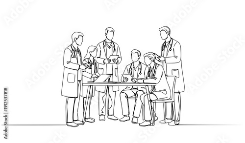 SEO Title
Minimal continuous line drawing of healthcare professionals teamwork vector illustration