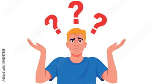 Confused Young Man with Question Marks Concept Illustration