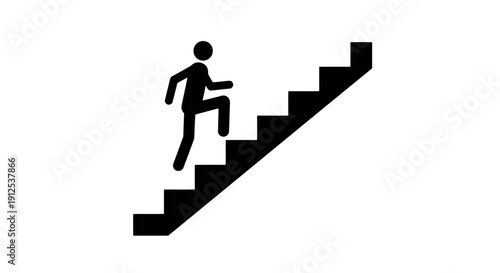 Vector icon of a black stick figure ascending a staircase, isolated on a transparent background, depicting progress or upward movement.