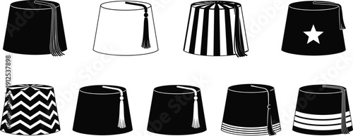 Fez hat vector silhouettes set, traditional middle eastern felt headwear with tassels, ottoman empire style icons for ramadan and culture.