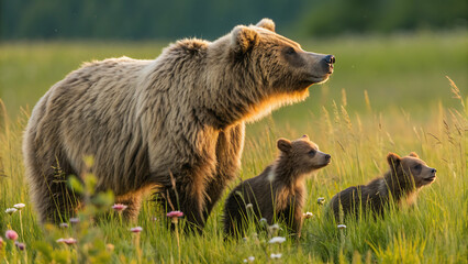 Grizzly bear mother with cubs walking in green meadow wildlife nature scene