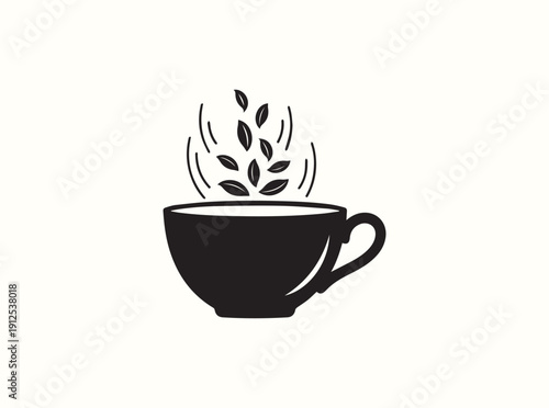 Solid black shape of a teacup with falling organic leaves