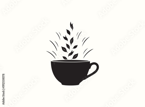 Simple black icon of a teacup and falling tea leaves