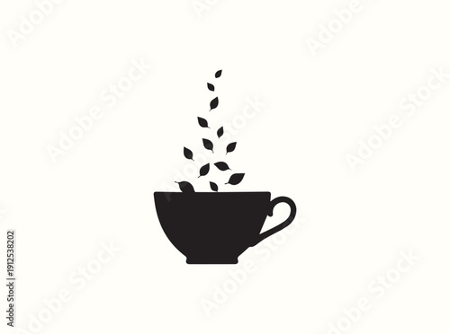 Black graphic symbol of a cup with falling herbal leaves