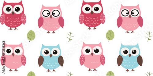 Cute colorful owl seamless pattern vector illustration with cartoon birds and leaves on playful background