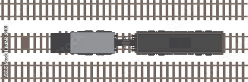 Top-down view of locomotive engine with connected train car on central railway track, industrial transport infrastructure and rail logistics design