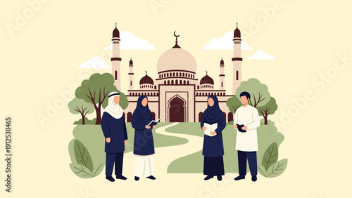 Diverse group of people stands peacefully in front of a beautiful mosque surrounded by lush green trees and soft white clouds.