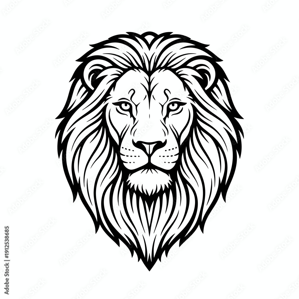 Obraz premium Majestic Lion Head: A powerful, symmetrical line drawing of a lion's head, showcasing intricate detail and the noble spirit of the king of the jungle. 