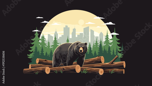 Large black bear stands on a pile of timber logs in the forest with a modern city skyline visible in the hazy background.