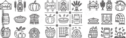 Autumn Harvest Icon Set Featuring Pumpkins, Pies, Leaves, Scarecrows, Barns, Jars, and Seasonal Signs in Black and White Line Art
