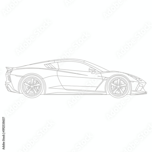 Sleek Automotive Contour: A detailed, minimalist line drawing of a modern, high-performance car, showcasing its aerodynamic design and elegant form. 