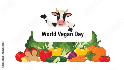 Friendly cartoon cow gestures from behind a white banner celebrating world vegan day surrounded by fresh organic vegetables.