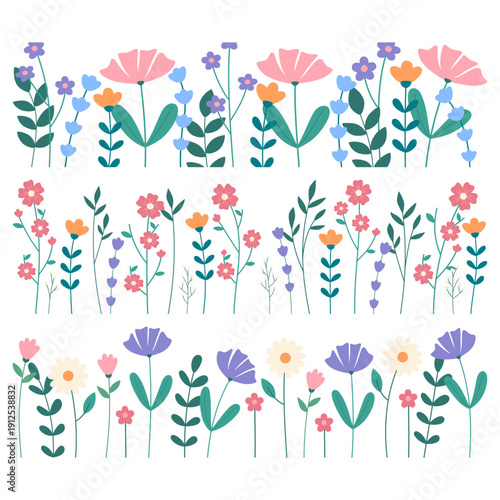 Decorative Floral Borders with Pastel Wildflowers and Green Leaves