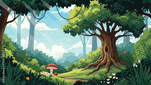 Sunlight filters through the canopy of a lush green forest illuminating a large ancient tree and bright red spotted mushrooms.