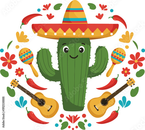 Smiling cactus wearing colorful sombrero and surrounded by festive mexican elements