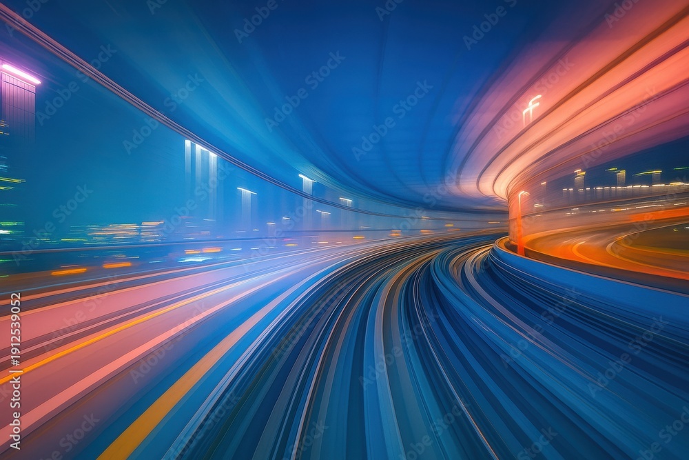 Fototapeta premium 高速で移動する電車内から撮影された、青とオレンジの光の軌跡が流れる未来的なトンネルの抽象的な背景。デジタル技術とスピード感を表現。