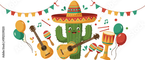 Cactus in sombrero and party decorations celebrates cinco de mayo with music and festivities