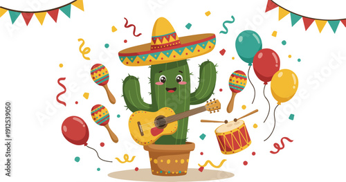 A cartoon cactus wearing a sombrero and playing guitar at a festive party with colorful decorations and balloons