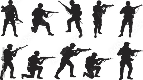 Soldier silhouette collection set, military combat poses bundle, armed army vector figures, tactical action scene, flat design illustration