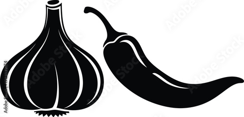 Garlic and Chili Pepper Silhouette - Spicy Cooking Ingredients Vector