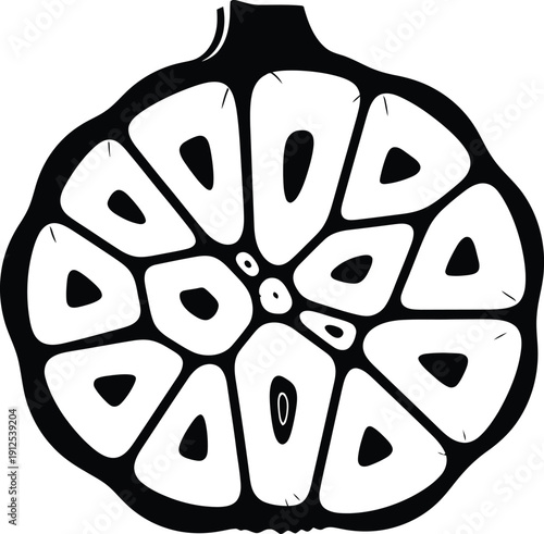 A solid black silhouette of a garlic bulb cleanly sliced in half, revealing the distinct individual cloves within its structure, on a bright white background.