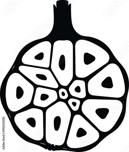 A solid black silhouette of a garlic bulb cleanly sliced in half, revealing the distinct individual cloves within its structure, on a bright white background.