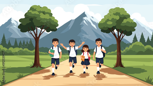 Group of cheerful students in school uniforms runs down a sunny path through a mountainous landscape on their way home.