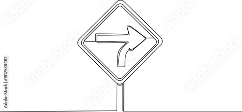 Continuous line art vector of diamond shaped right turn traffic sign for road safety and driver education manuals