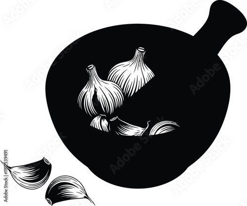 A solid black silhouette of a mortar and pestle, with several garlic cloves or a crushed garlic mass inside the mortar, on a white background