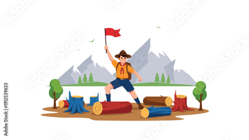 Brave scout boy stands victoriously on cut logs holding a red flag in a high mountain valley with green trees and a lake.