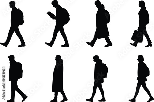 Walking people silhouette set, urban pedestrians with backpacks and bags, street lifestyle concept, modern black flat vector illustration design