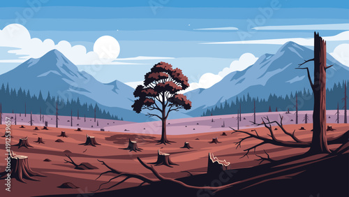 Lonely tree stands in a devastated deforested landscape filled with wood stumps under a bright moon and tall blue mountains.