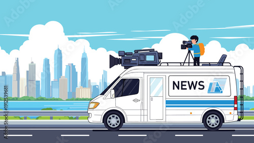 White news television van drives along a coastal highway with a cameraman filming from the roof toward a large city skyline.