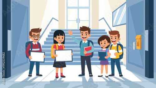 Students stand together in a modern school hallway holding books and blank posters while waiting for their classes to start.