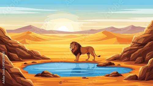 Magnificent lion with a thick mane stands near a watering hole in a vast desert landscape under a beautiful sunset sky.