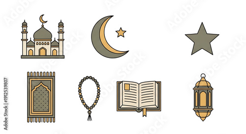 Collection of Islamic icons including a mosque, prayer mat, Quran, rosary beads, crescent moon, star, and lantern, representing religious symbols and cultural elements