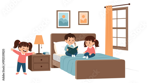 Brother and sister sit together on a bed in a bright bedroom while focused on reading an interesting book during the day.