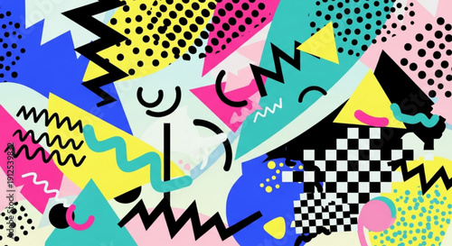 A vibrant and playful abstract vector graphic featuring a mix of geometric shapes and patterns in a variety of bright colors.