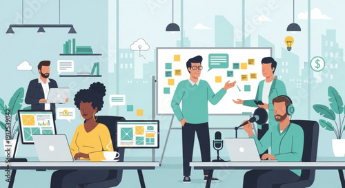 A group of business professionals collaborating in a modern office with laptops and a whiteboard