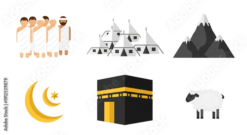 Essential flat design icons illustrating key elements of the Islamic Hajj pilgrimage, including pilgrims, sacred sites, and religious symbols for a complete spiritual journey