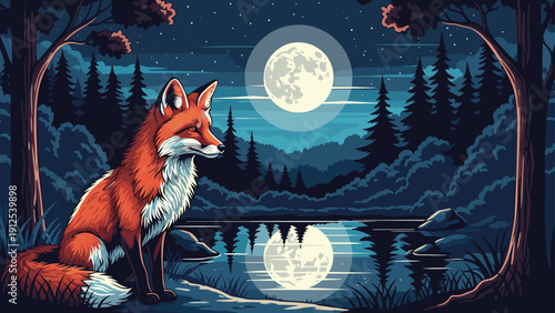 Beautiful red fox sits quietly on the edge of a calm lake in the forest under the light of a bright full moon at night.