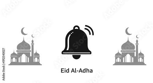 Eid Al-Adha Celebration Bell Icon with Mosques Illustration