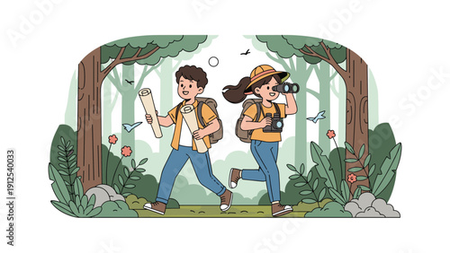 Two adventurous kids with maps and binoculars explore the wild woods together on a sunny day during their outdoor journey.